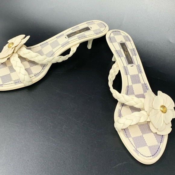 LOUIS VUITTON Damier Azul Flower Sandals #36 US 6 Heels Mules Ivory - Picture 2 of 11